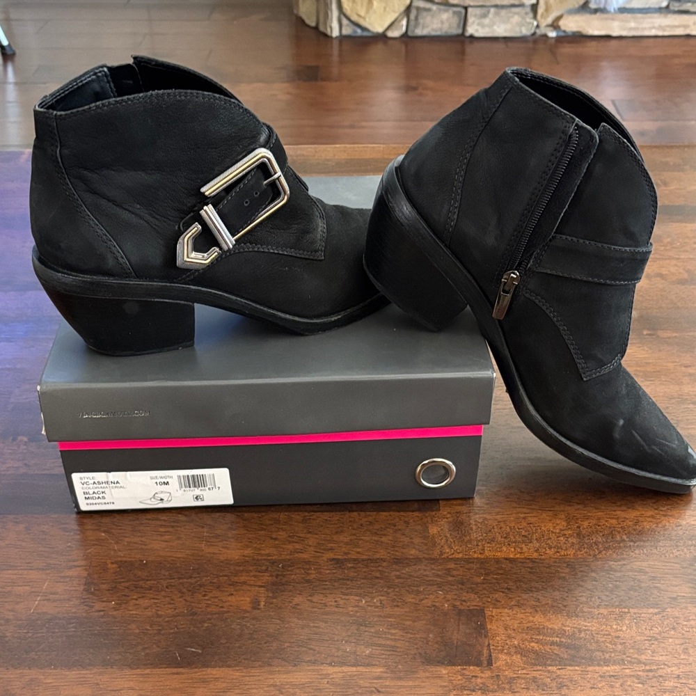 Vince Camuto Black Ankle Boots with Silver Buckle